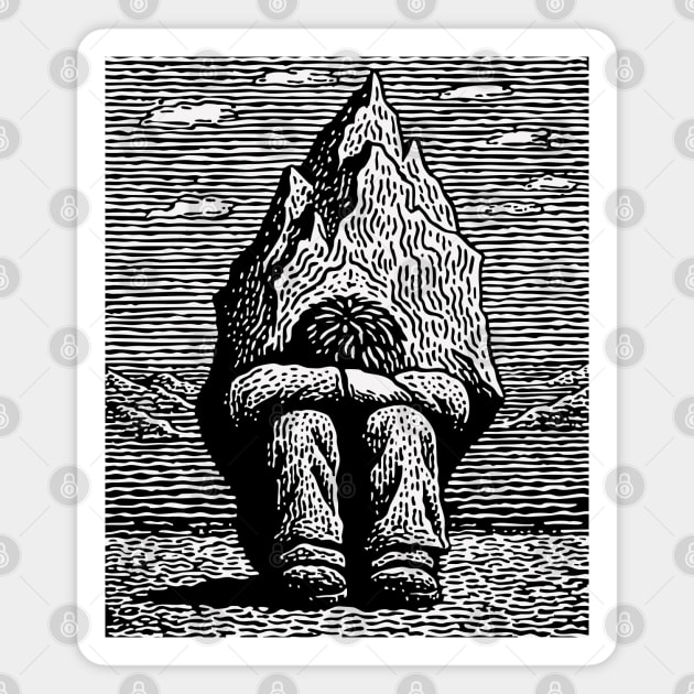 Overwhelmed by Sadness – Mountain Burden Linocut Magnet by TuncGK